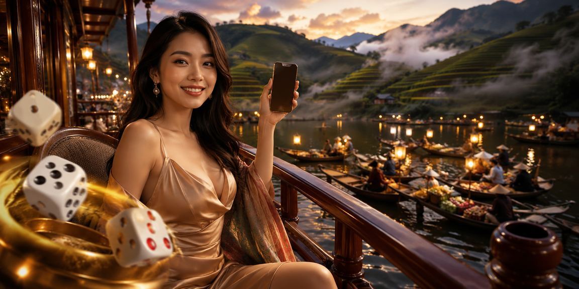Người mẫu tại Sa Pa chơi Tài Xỉu online trên điện thoại giữa khung cảnh núi rừng